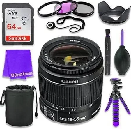 Canon EF-S 18-55mm f/3.5-5.6 Is II Lens (White Box) & 64GB Class 10 Memory Card + Complete Accessory