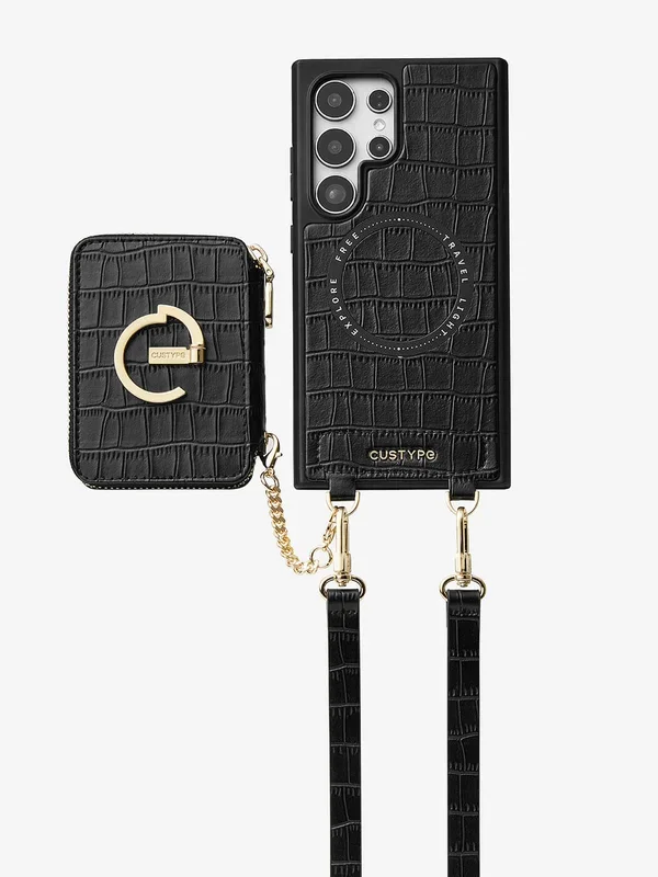 クロコダイルデザインセット – Samsung Galaxy用マグネットグリップウォレットフォンケース（キャリーストラップ付き）