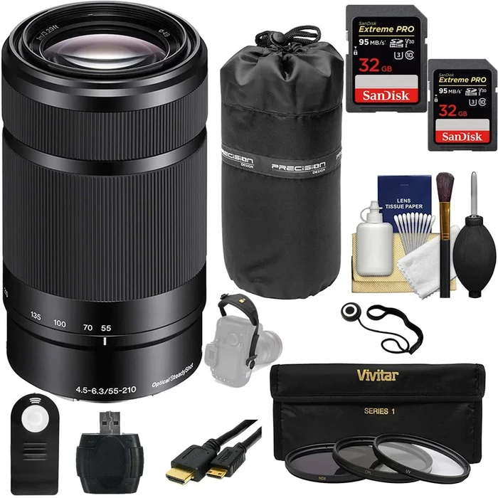 Sony E 55-210mm f/4.5-6.3 OSS E-Mount Lens OSS with 2x 32GB Sandisk Extreme PRO, Filter Kit, Hand Strap, Cleaning Kit & Case Bundle