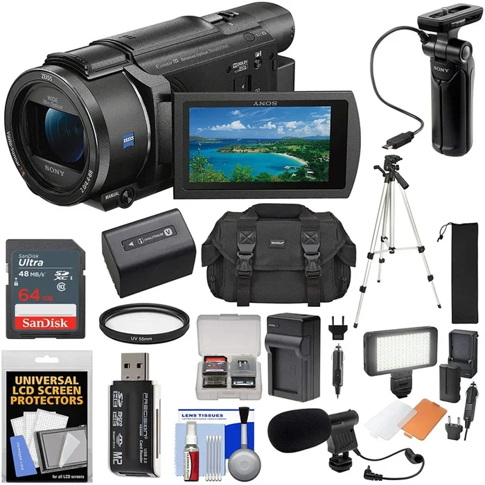 Sony FDR-AX53 4K Ultra HD Handycam Camcorder & GP-VPT1 Grip | 64GB Card |Tripod | Battery & Charger | LED Light | Mic | Case Kit